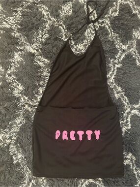 Black Halter Mini Dress with Pink "PRETTY" Graphic